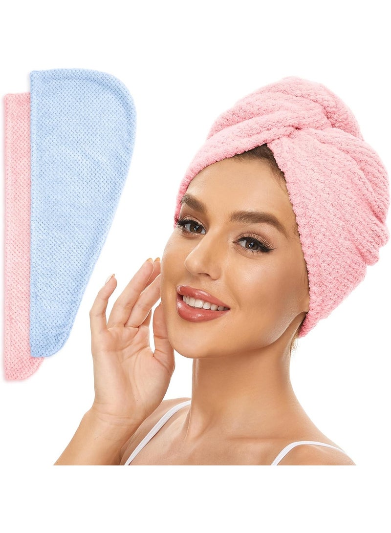 2 Pack Microfiber Hair Towel Wrap for Women, Anti Frizz Quick Drying Hair Turban for All Hair Style, Absorbent and Lightweight (Blue+Pink) - Image 1